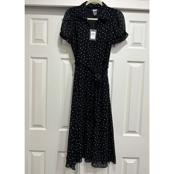 Dkny Dresses & Skirts - DKNY Donna Karan Polka Dot Midi Dress Romantic Short Sleeve Black New NWT
